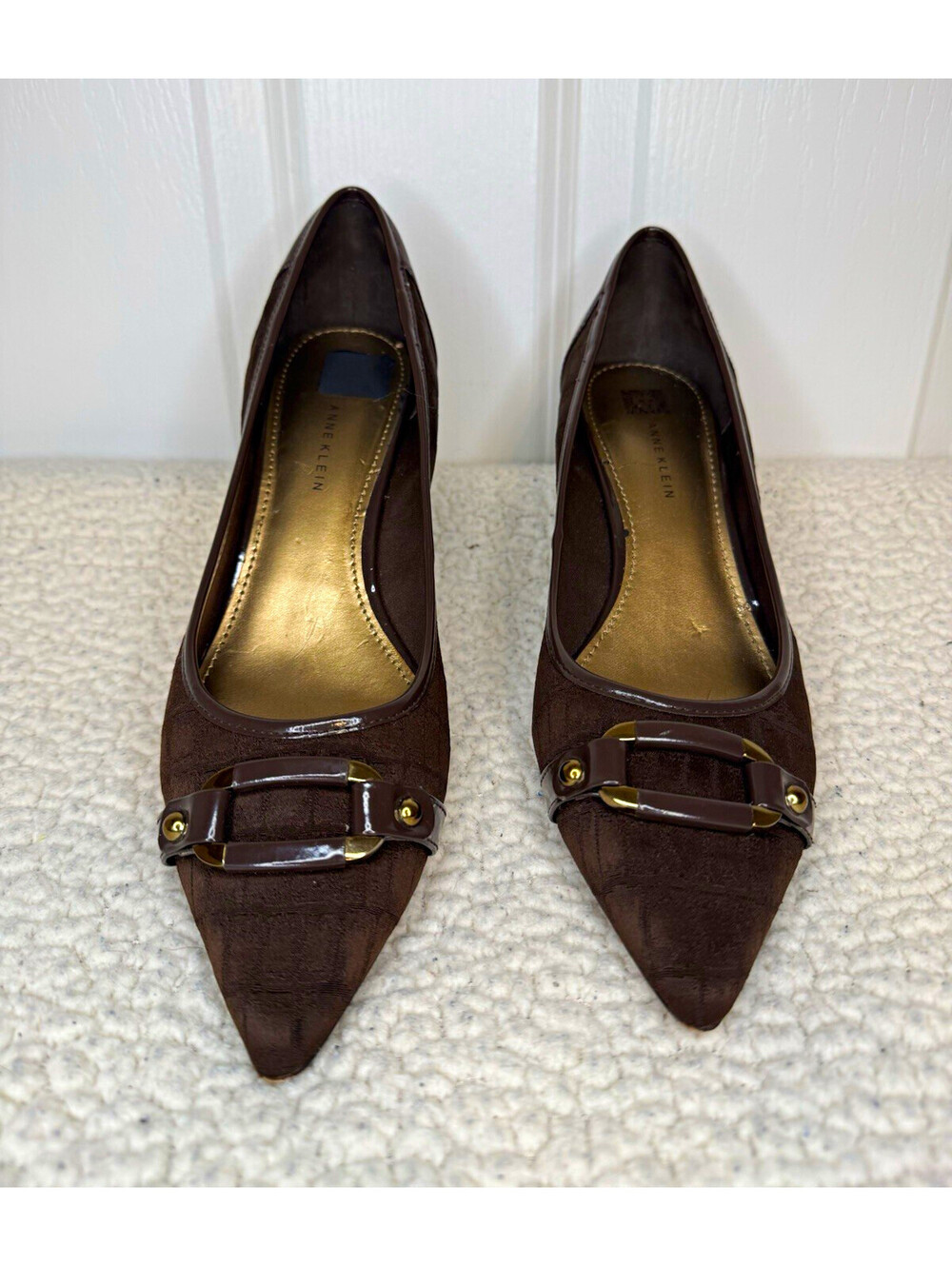 Y2K Anne Klein Brown Pointed Toe Kitten Heel Pumps w/ Buckle, Size 8.5 M